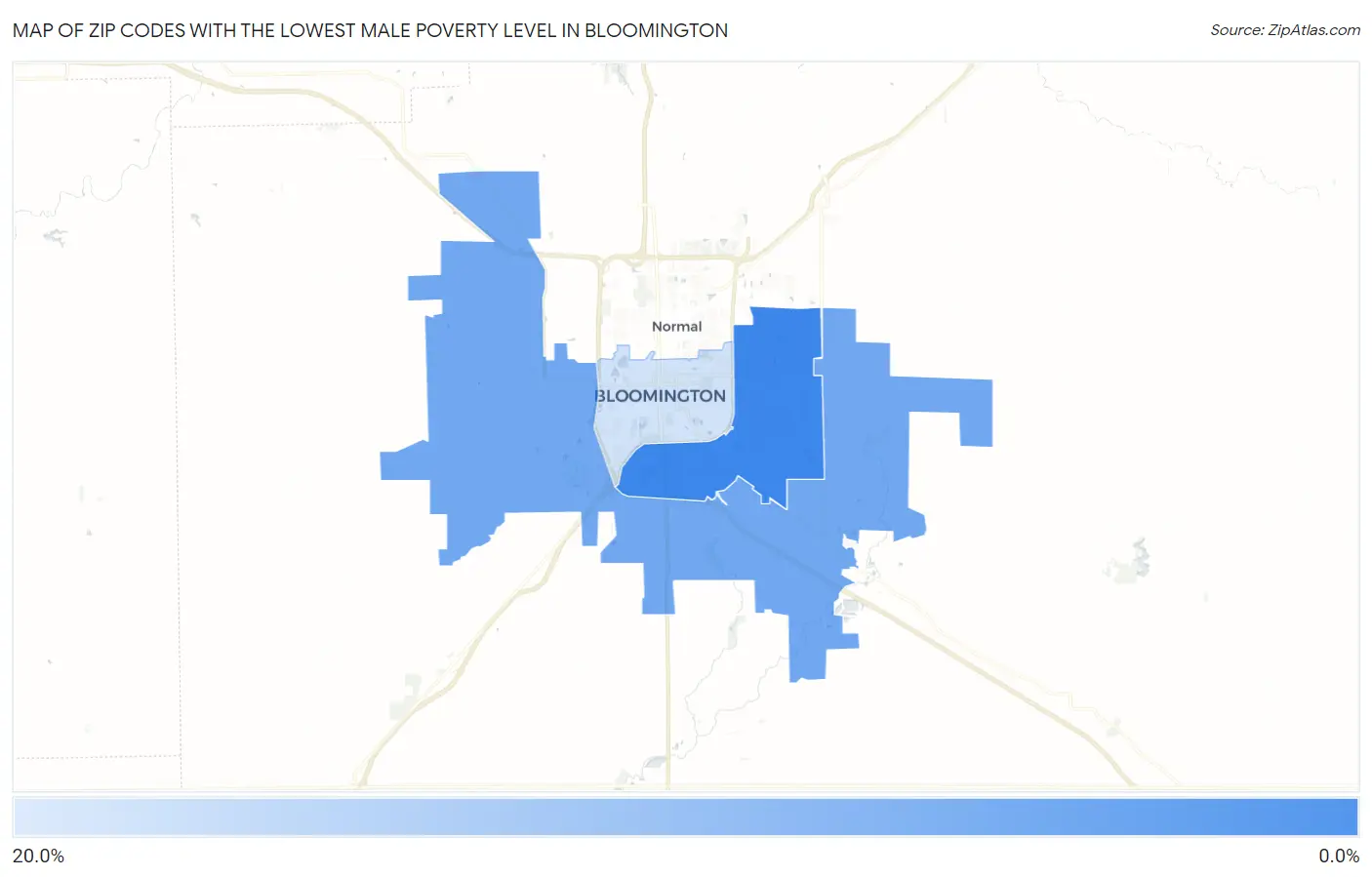 Zip Codes with the Lowest Male Poverty Level in Bloomington Map