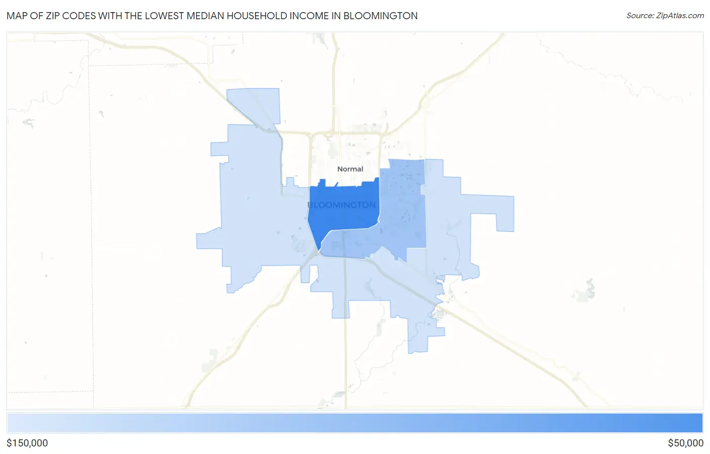 Zip Codes with the Lowest Median Household Income in Bloomington Map