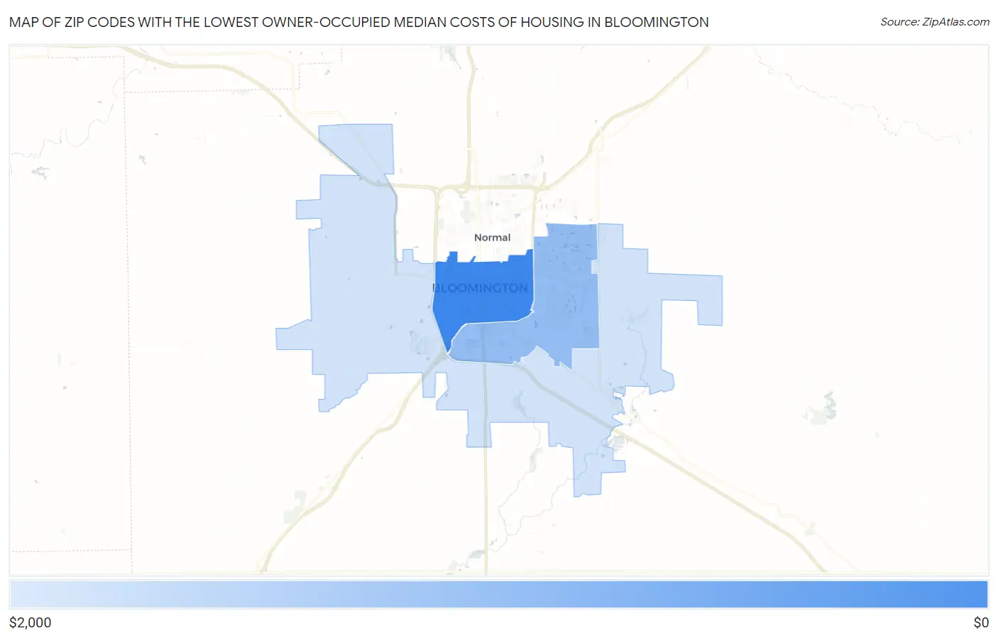 Zip Codes with the Lowest Owner-Occupied Median Costs of Housing in Bloomington Map