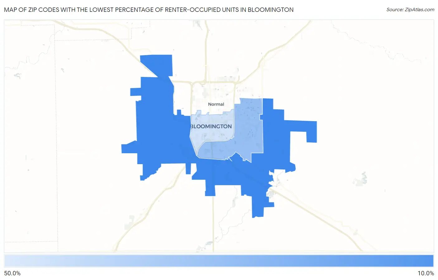Zip Codes with the Lowest Percentage of Renter-Occupied Units in Bloomington Map
