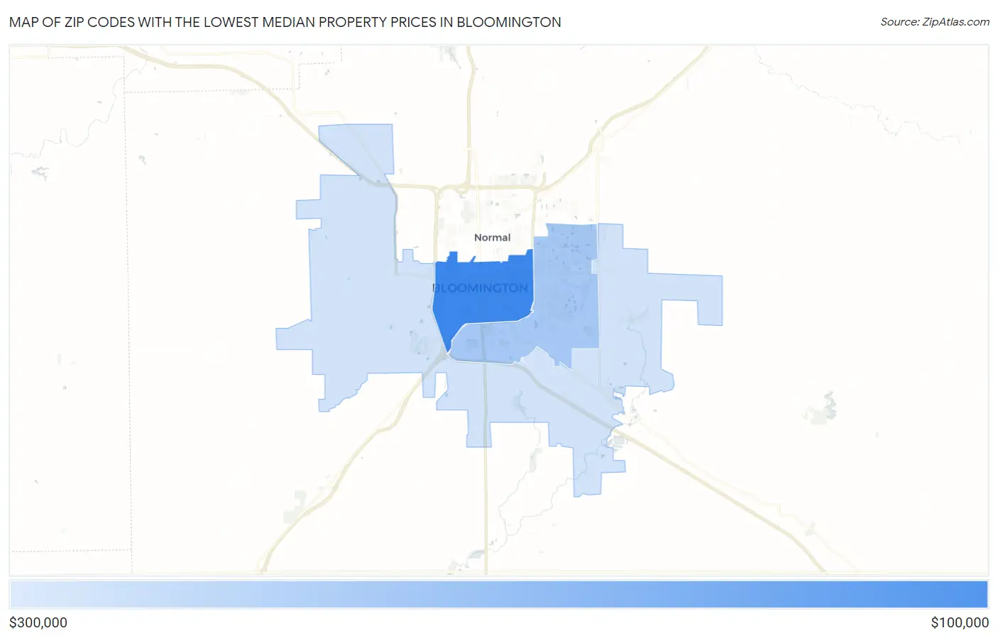 Zip Codes with the Lowest Median Property Prices in Bloomington Map