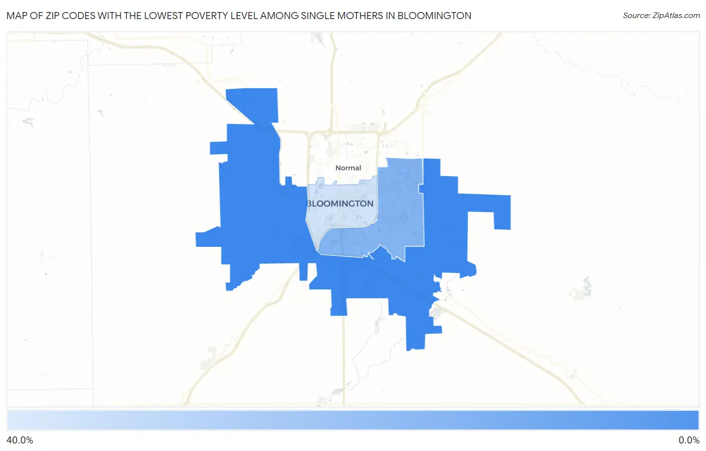 Zip Codes with the Lowest Poverty Level Among Single Mothers in Bloomington Map