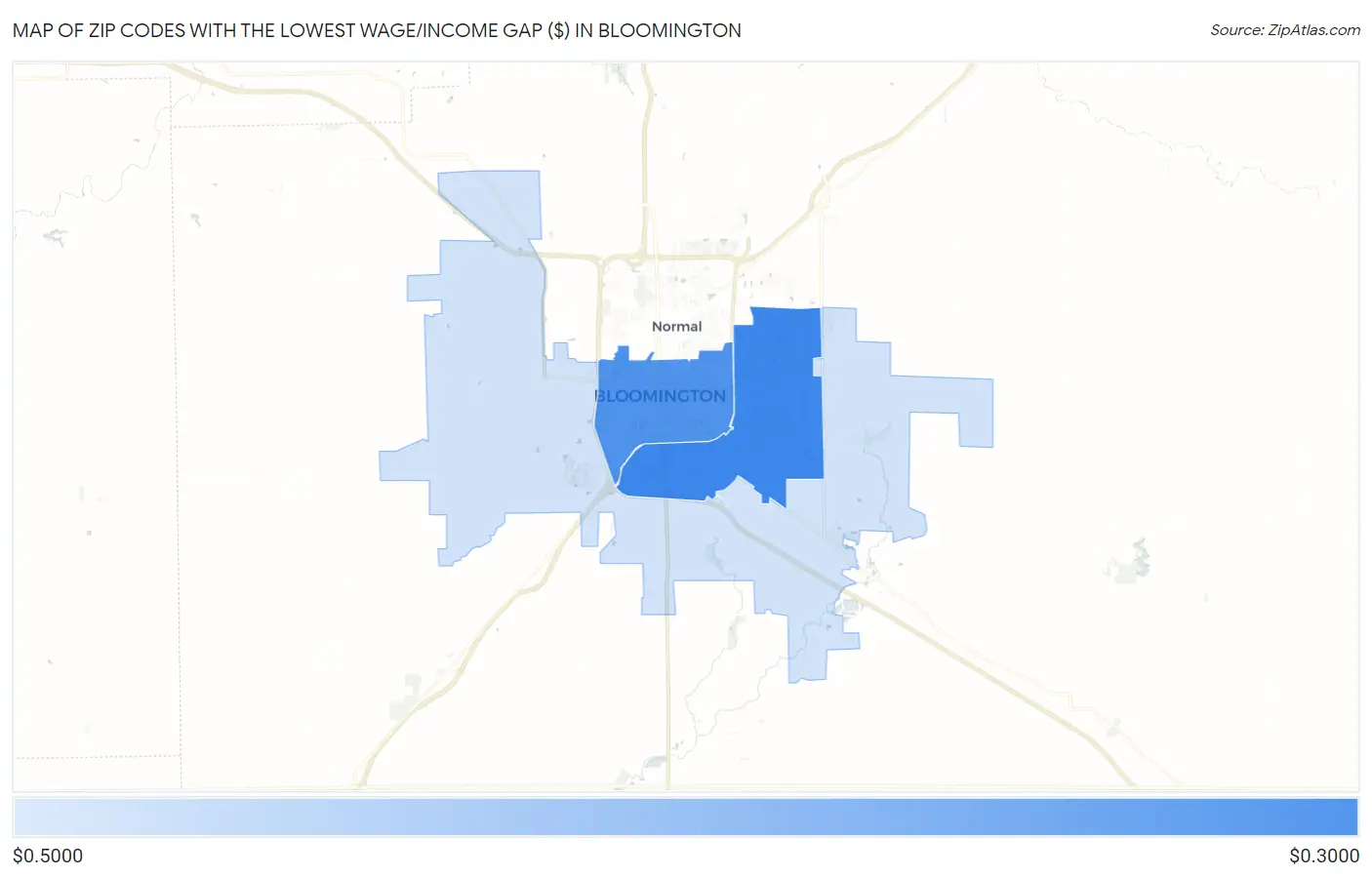 Zip Codes with the Lowest Wage/Income Gap ($) in Bloomington Map