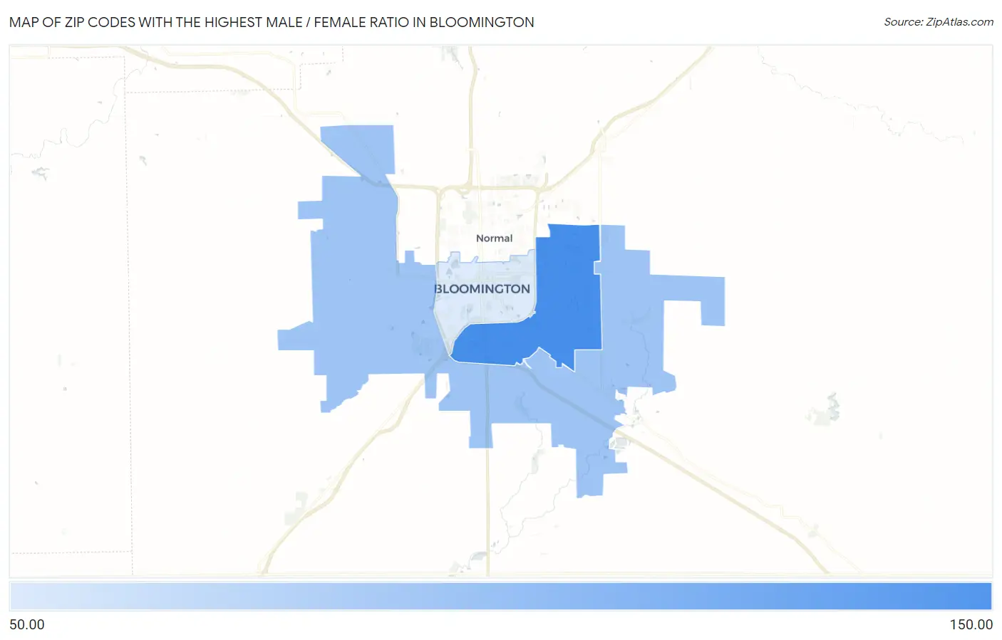 Zip Codes with the Highest Male / Female Ratio in Bloomington Map