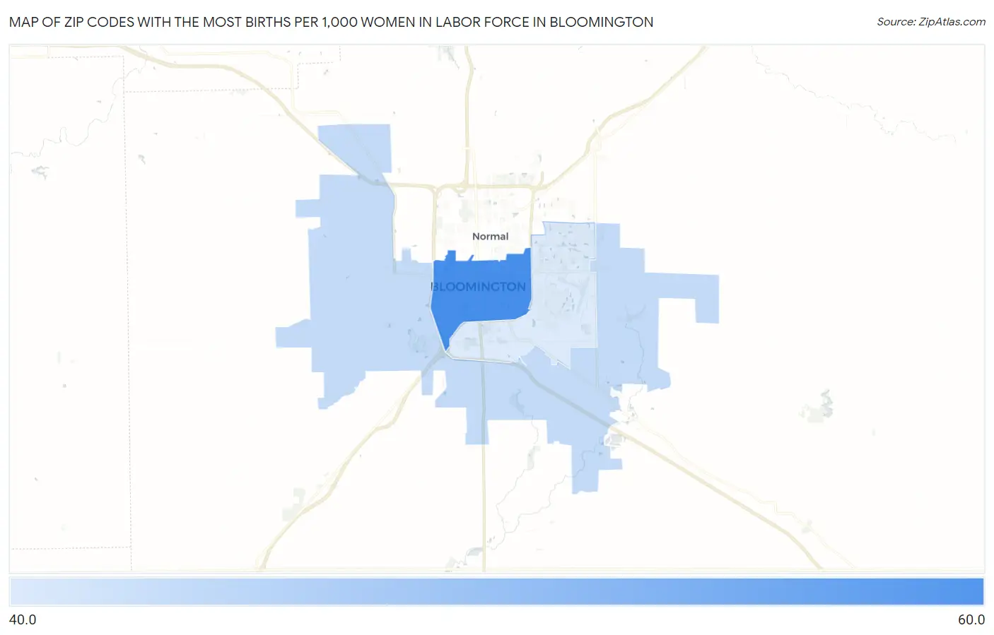 Zip Codes with the Most Births per 1,000 Women in Labor Force in Bloomington Map