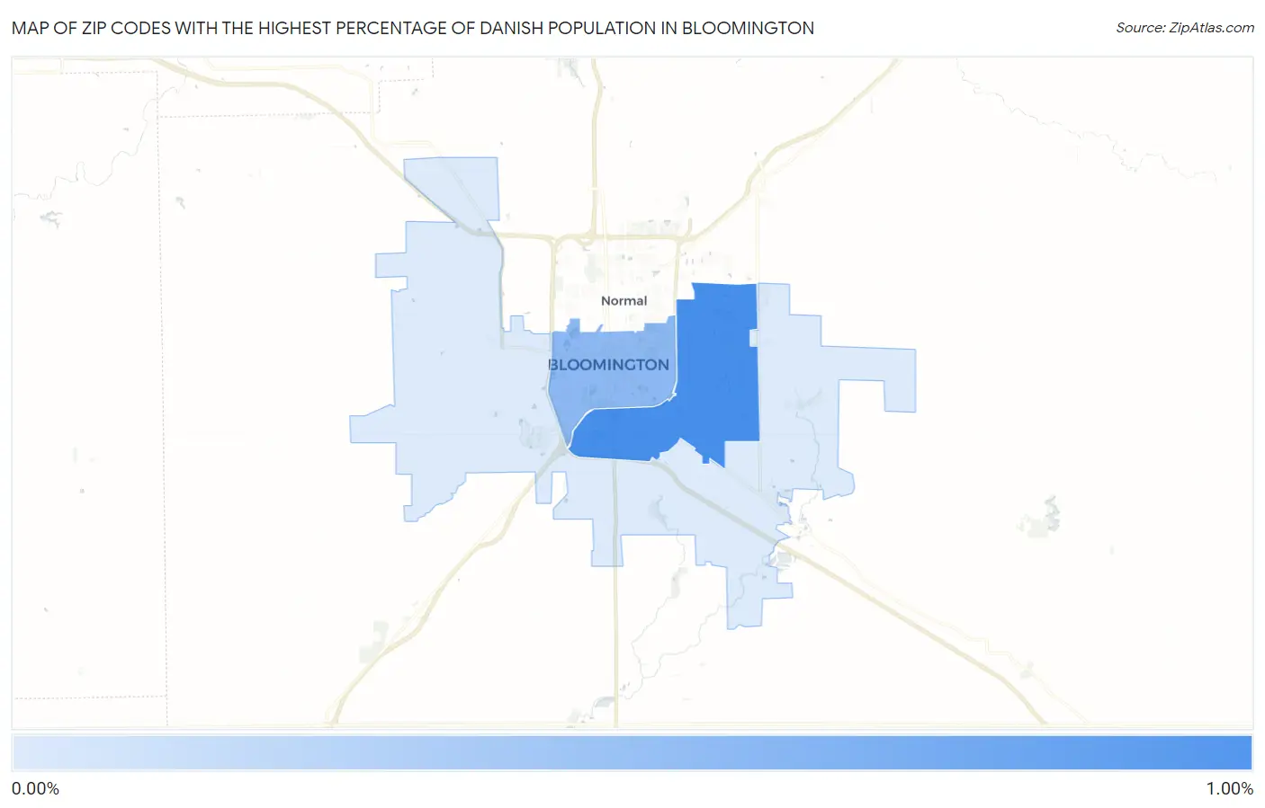 Zip Codes with the Highest Percentage of Danish Population in Bloomington Map