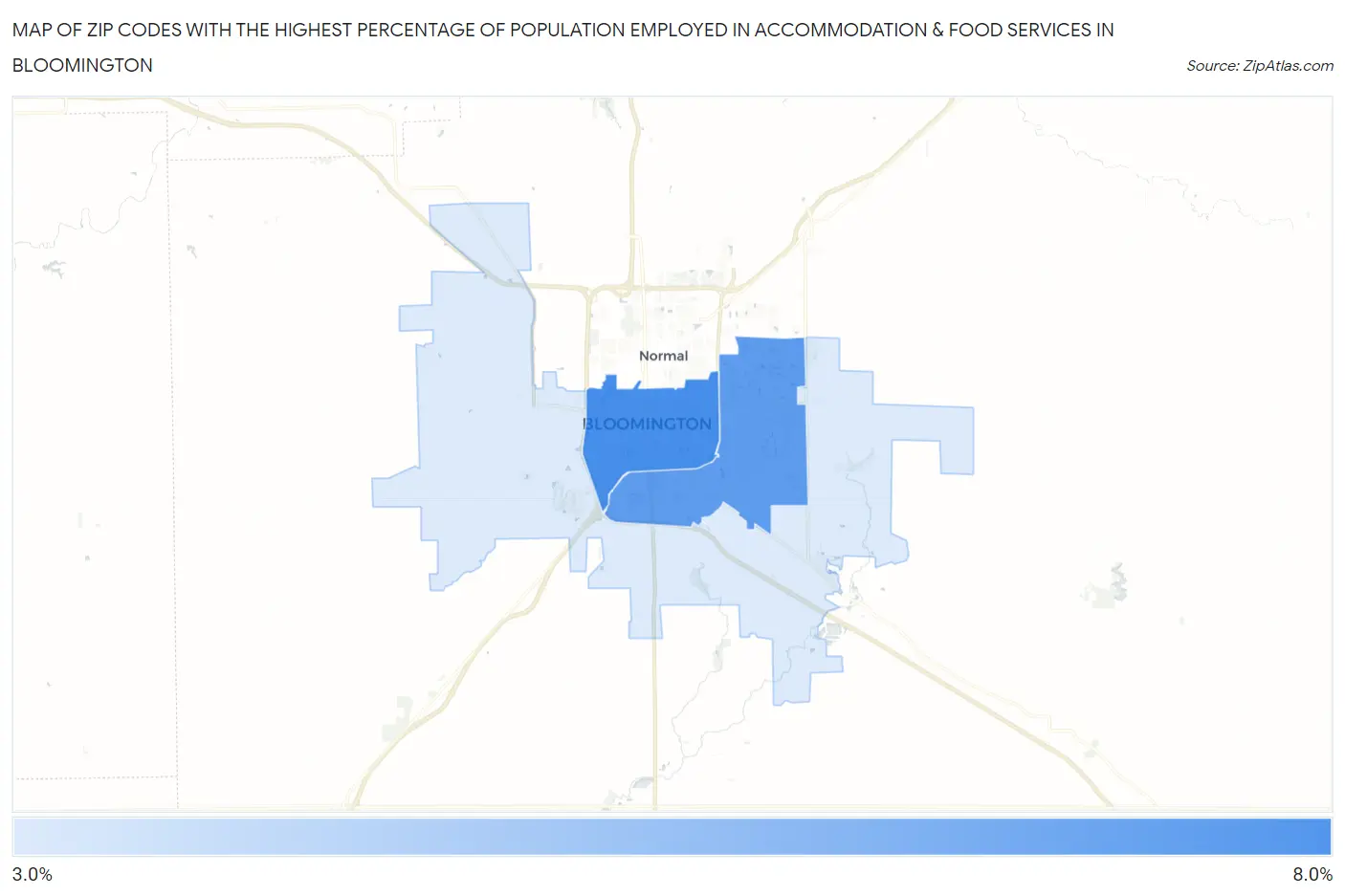 Zip Codes with the Highest Percentage of Population Employed in Accommodation & Food Services in Bloomington Map