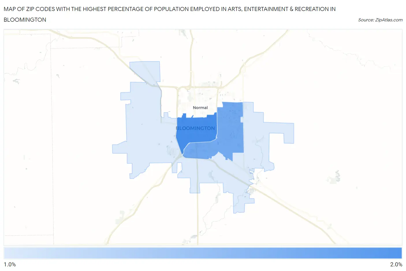 Zip Codes with the Highest Percentage of Population Employed in Arts, Entertainment & Recreation in Bloomington Map