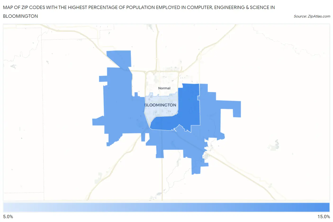 Zip Codes with the Highest Percentage of Population Employed in Computer, Engineering & Science in Bloomington Map