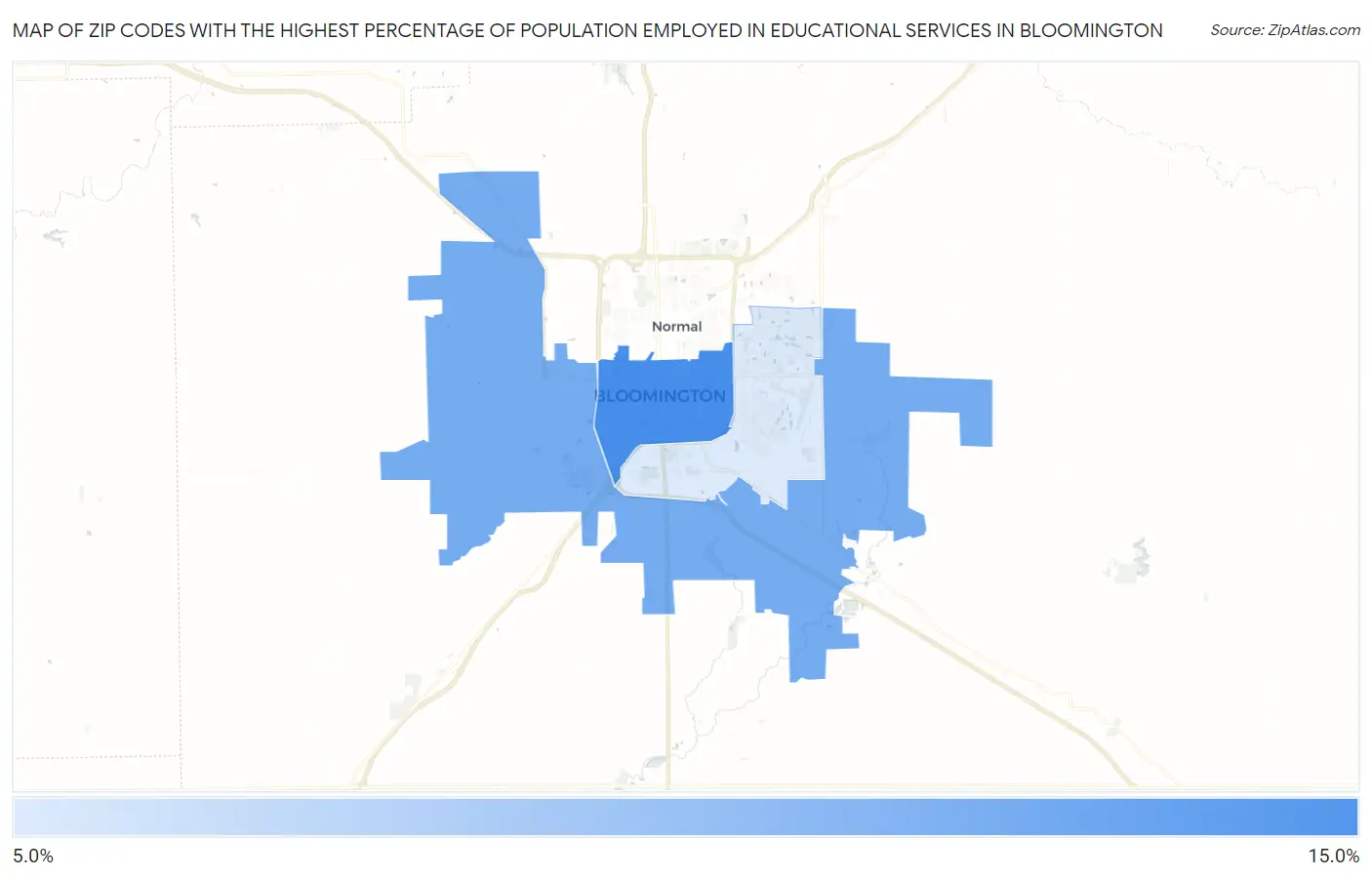 Zip Codes with the Highest Percentage of Population Employed in Educational Services in Bloomington Map