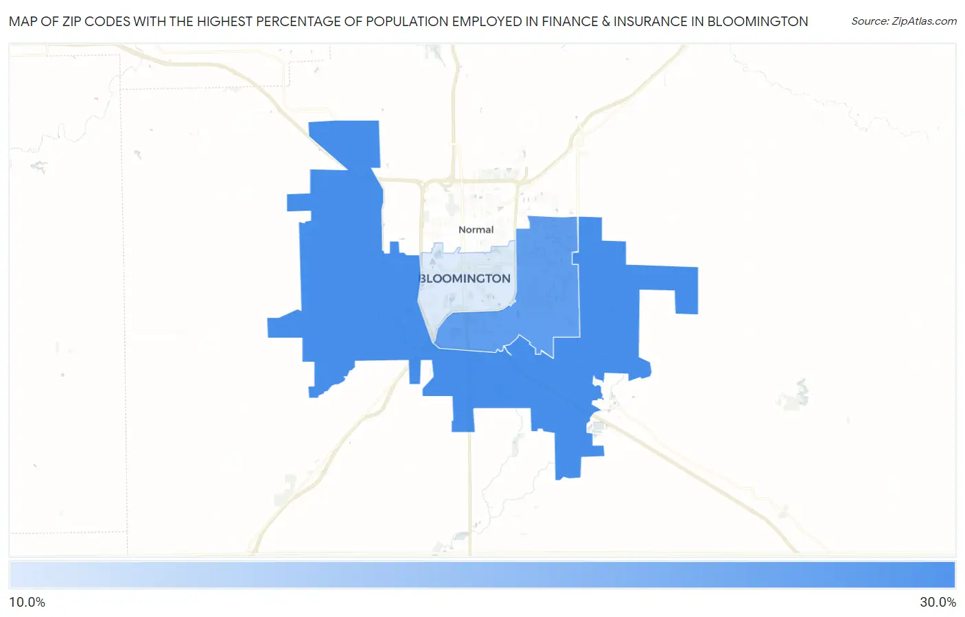 Zip Codes with the Highest Percentage of Population Employed in Finance & Insurance in Bloomington Map
