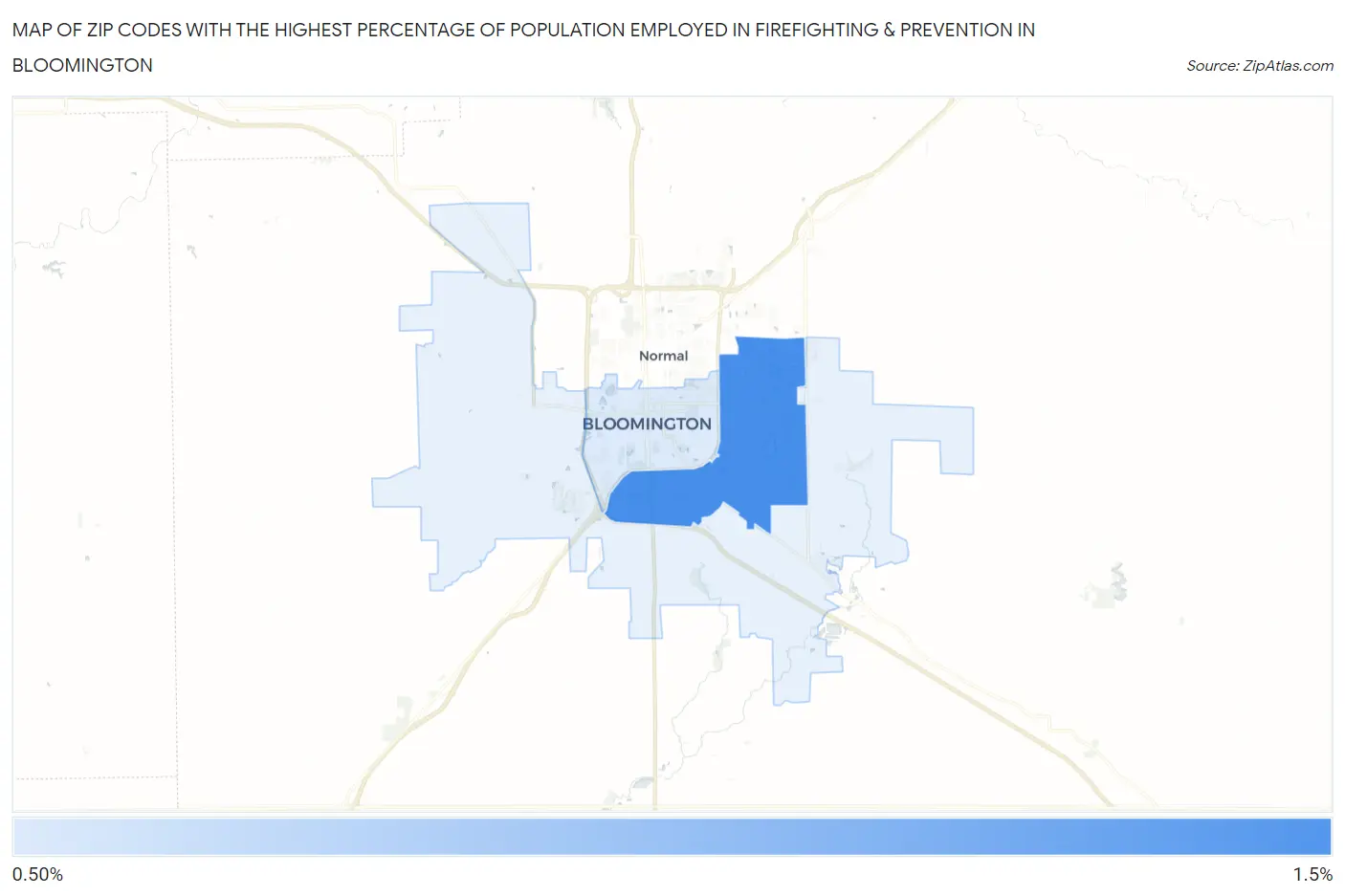 Zip Codes with the Highest Percentage of Population Employed in Firefighting & Prevention in Bloomington Map