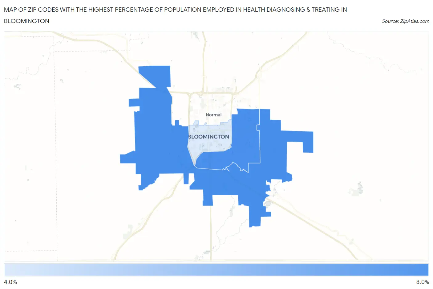 Zip Codes with the Highest Percentage of Population Employed in Health Diagnosing & Treating in Bloomington Map