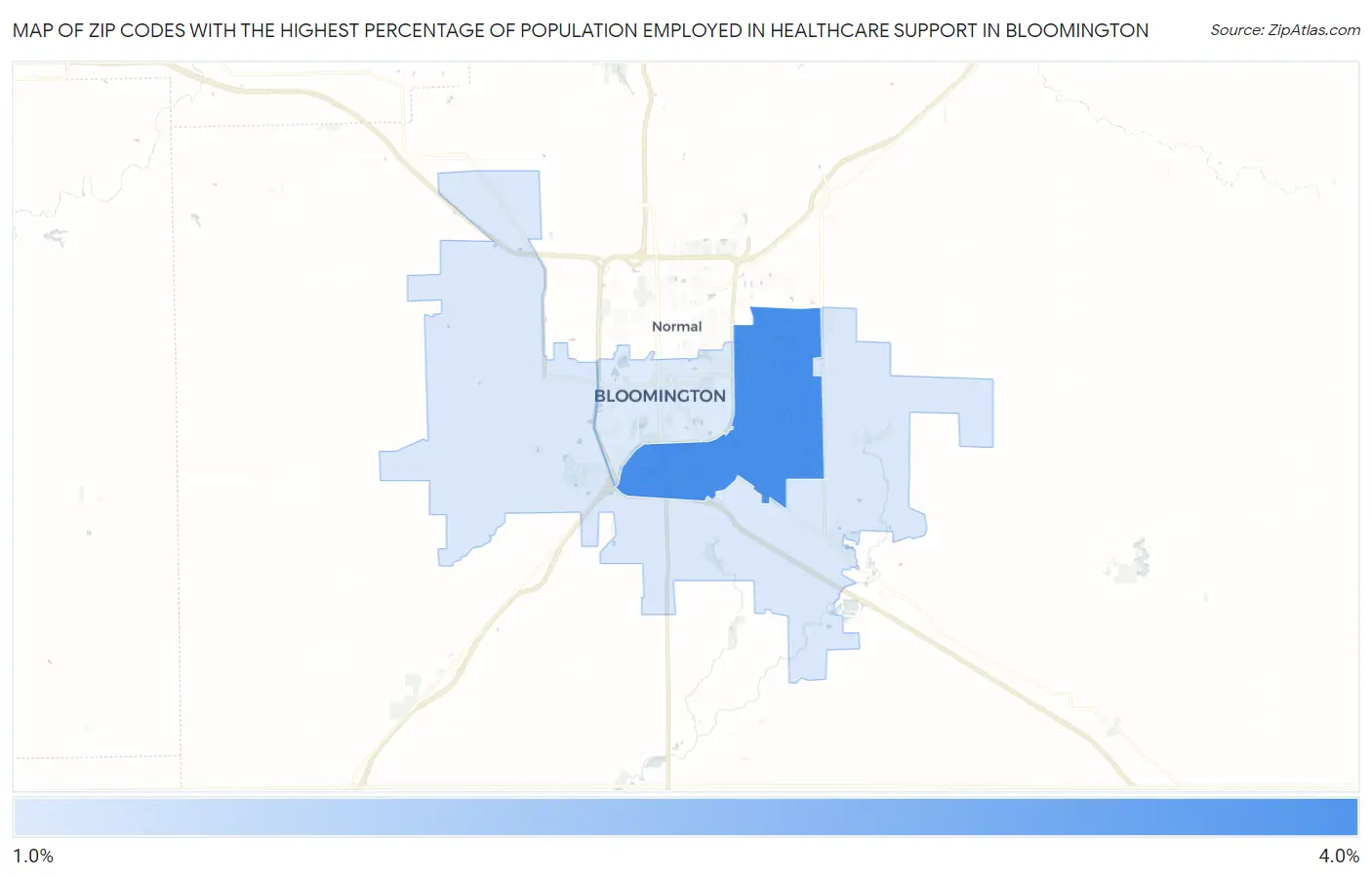 Zip Codes with the Highest Percentage of Population Employed in Healthcare Support in Bloomington Map