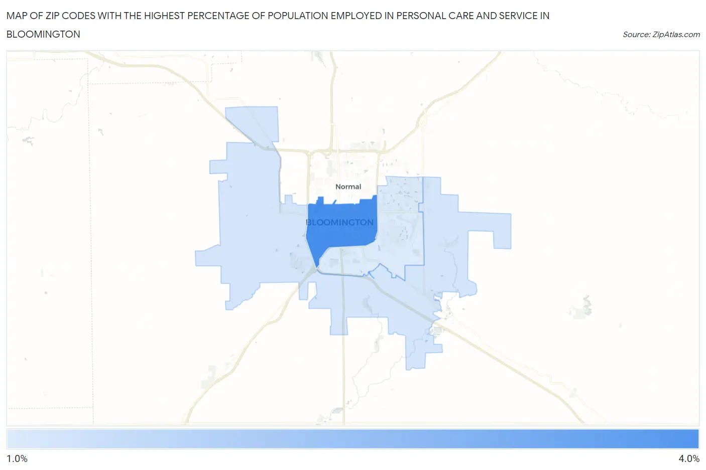 Zip Codes with the Highest Percentage of Population Employed in Personal Care and Service in Bloomington Map