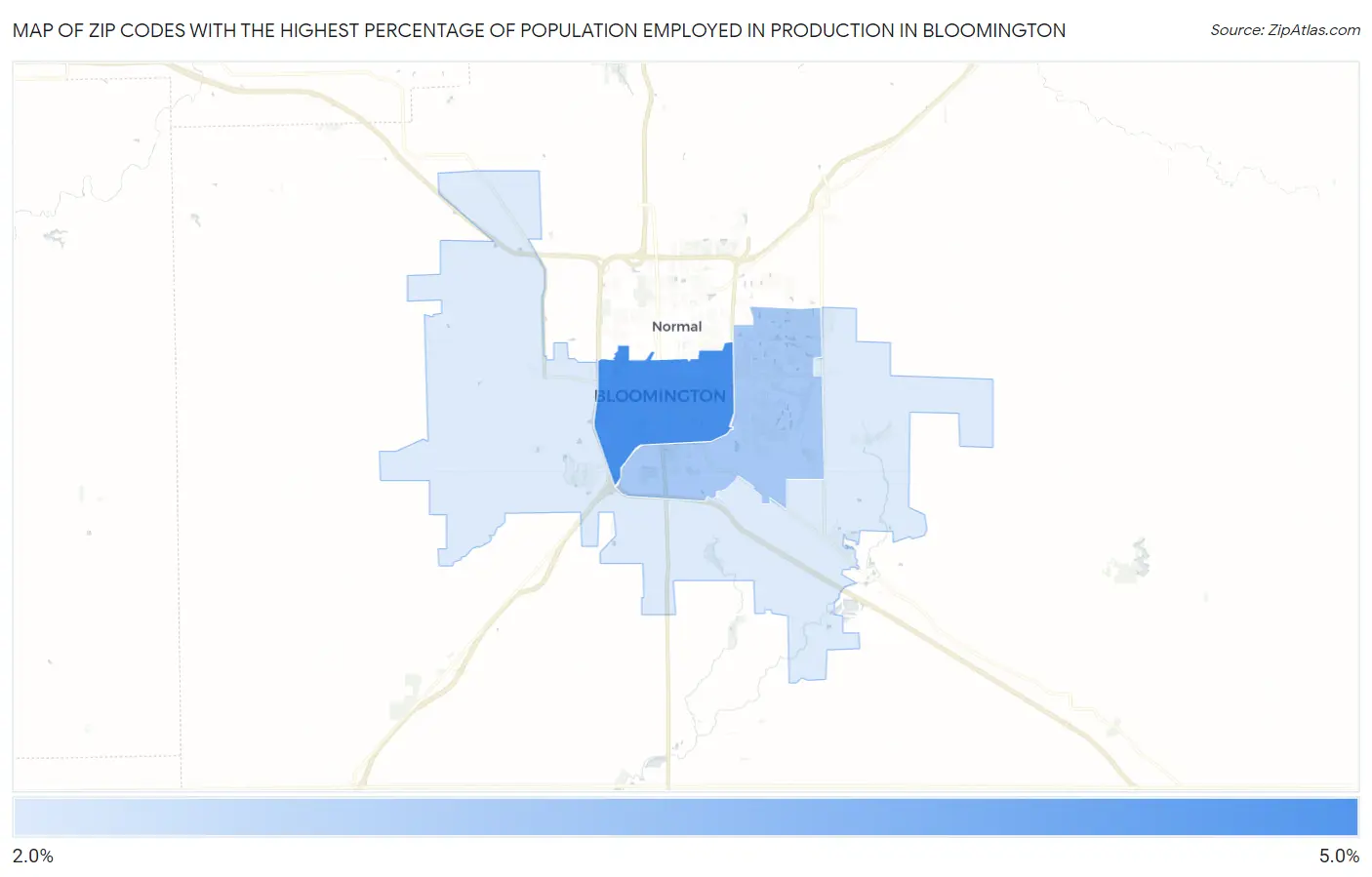 Zip Codes with the Highest Percentage of Population Employed in Production in Bloomington Map