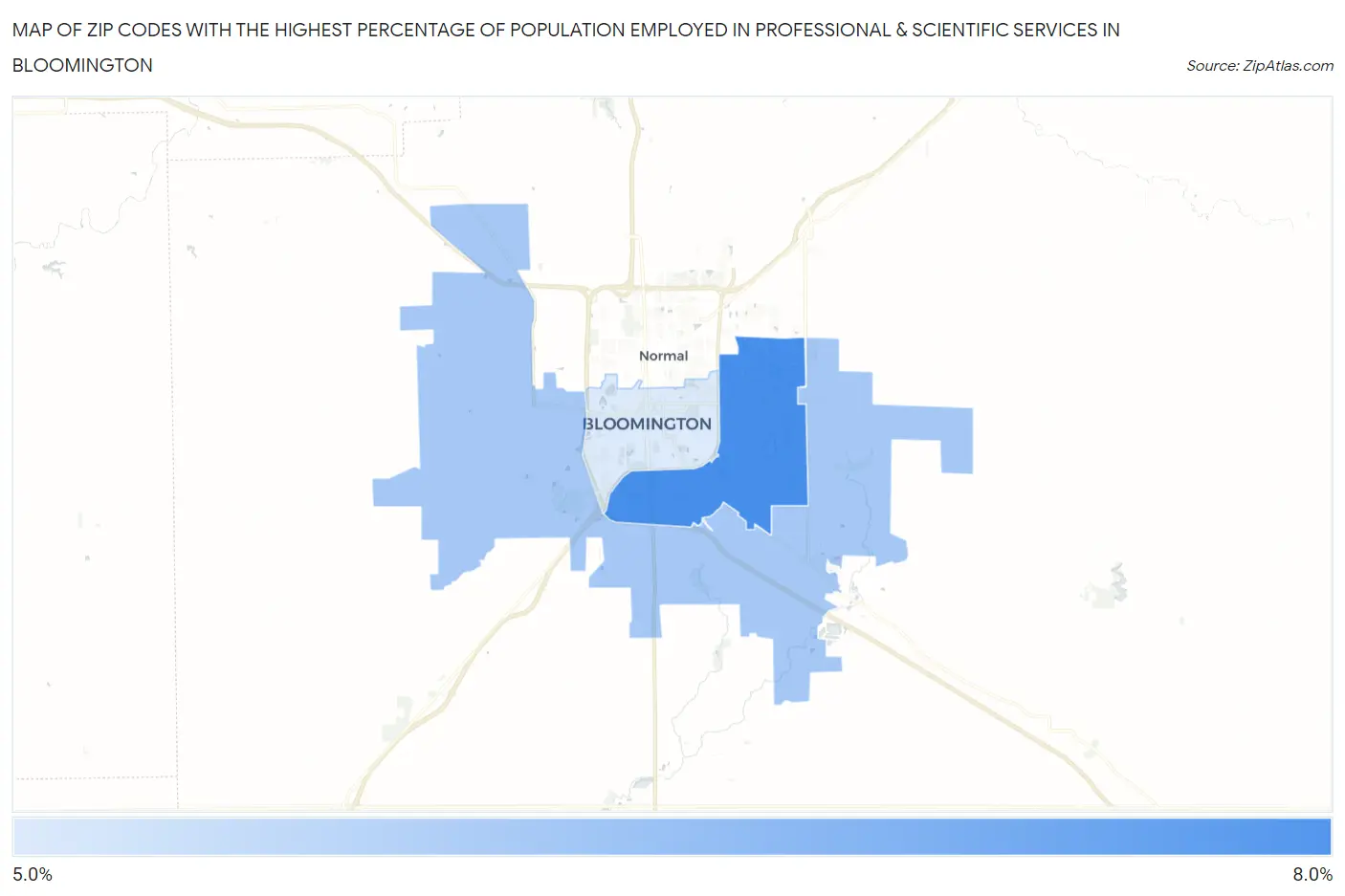 Zip Codes with the Highest Percentage of Population Employed in Professional & Scientific Services in Bloomington Map