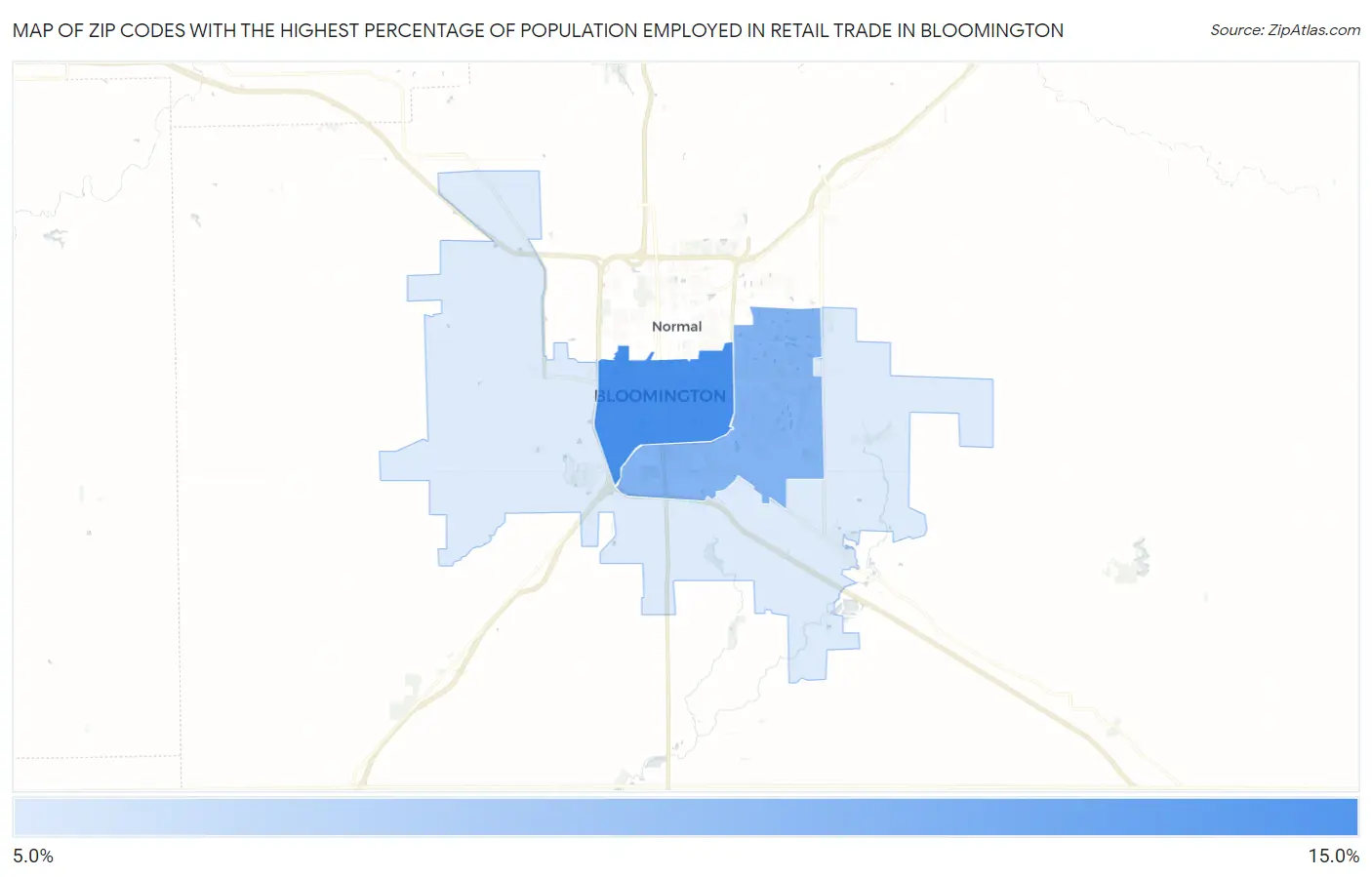 Zip Codes with the Highest Percentage of Population Employed in Retail Trade in Bloomington Map