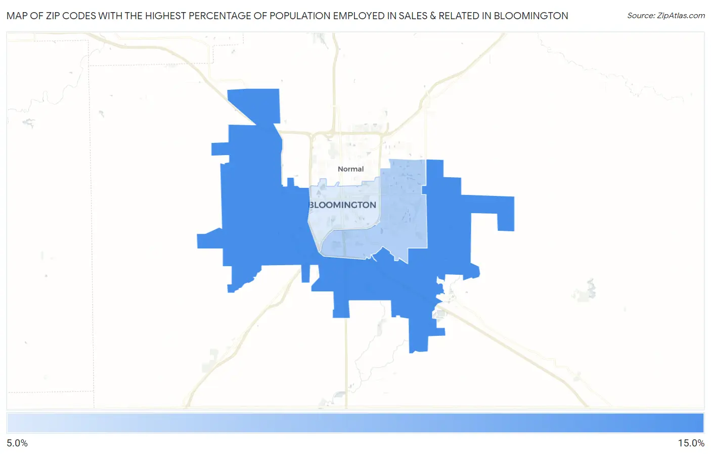 Zip Codes with the Highest Percentage of Population Employed in Sales & Related in Bloomington Map