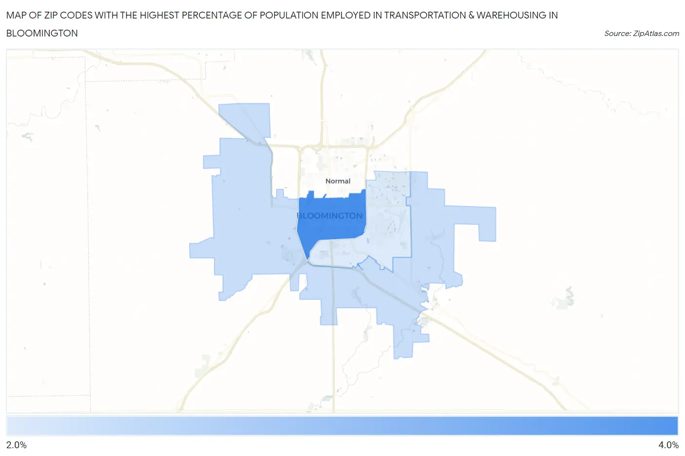 Zip Codes with the Highest Percentage of Population Employed in Transportation & Warehousing in Bloomington Map