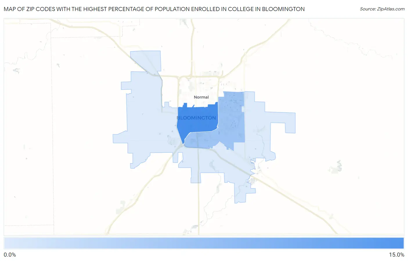 Zip Codes with the Highest Percentage of Population Enrolled in College in Bloomington Map