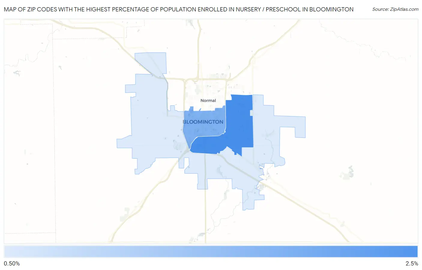 Zip Codes with the Highest Percentage of Population Enrolled in Nursery / Preschool in Bloomington Map