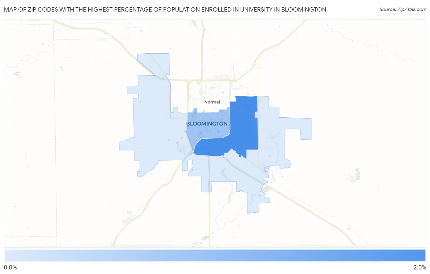 Zip Codes with the Highest Percentage of Population Enrolled in University in Bloomington Map