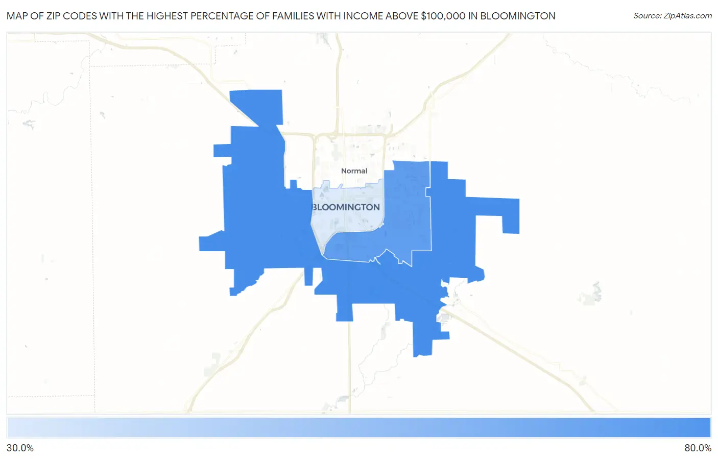 Zip Codes with the Highest Percentage of Families with Income Above $100,000 in Bloomington Map