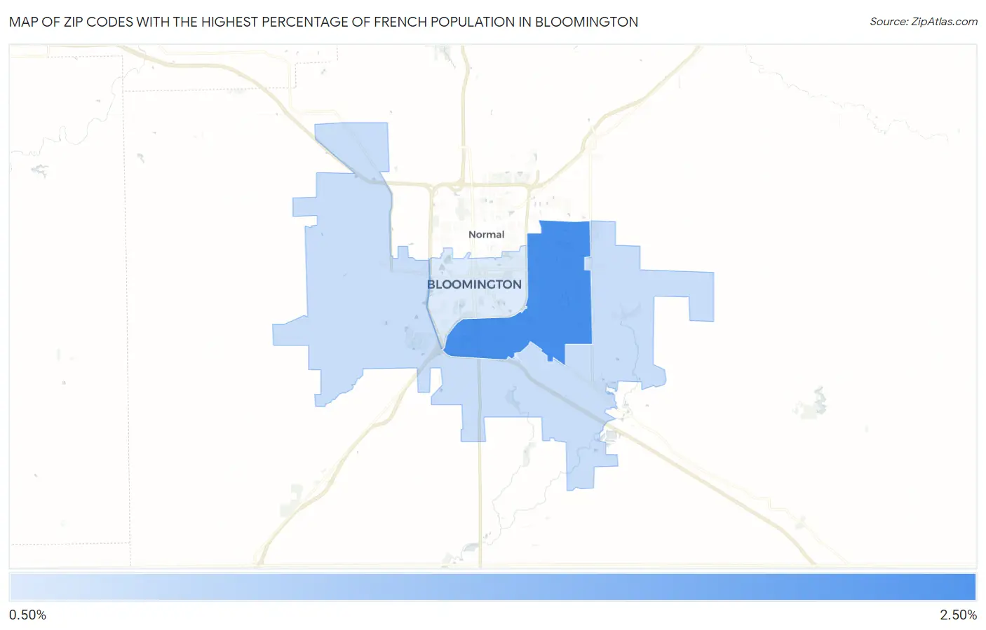 Zip Codes with the Highest Percentage of French Population in Bloomington Map