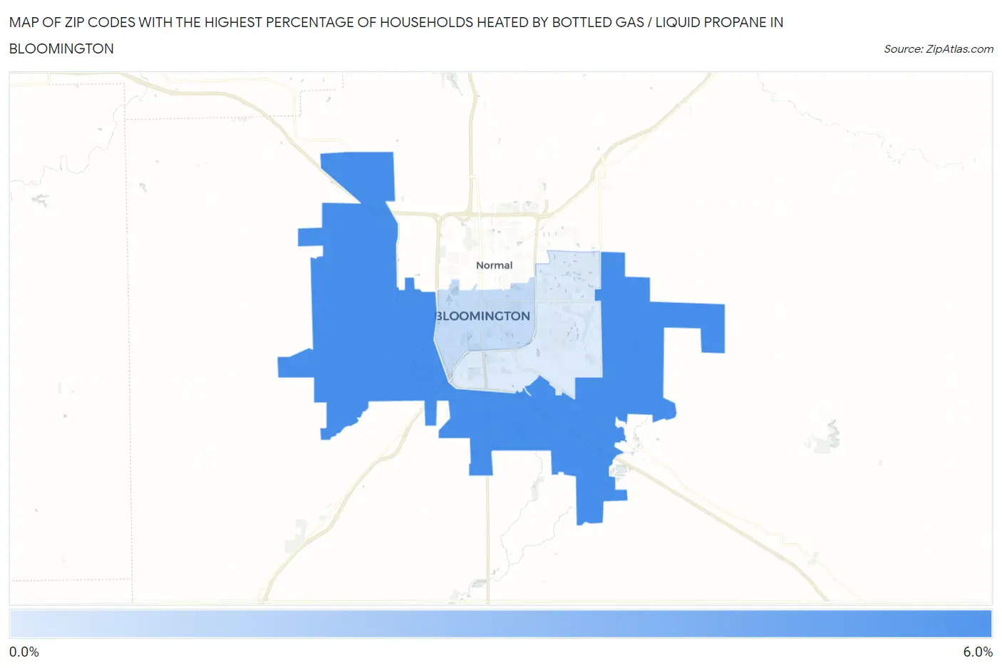 Zip Codes with the Highest Percentage of Households Heated by Bottled Gas / Liquid Propane in Bloomington Map