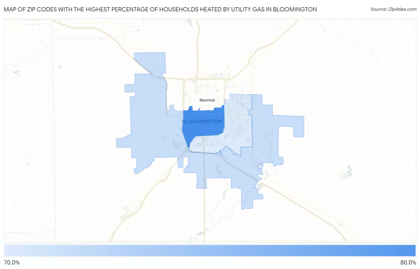 Zip Codes with the Highest Percentage of Households Heated by Utility Gas in Bloomington Map