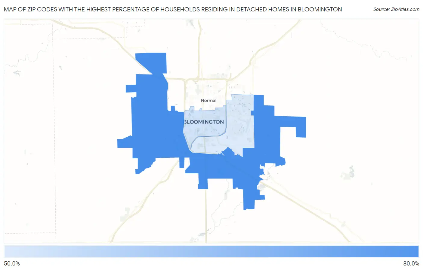 Zip Codes with the Highest Percentage of Households Residing in Detached Homes in Bloomington Map
