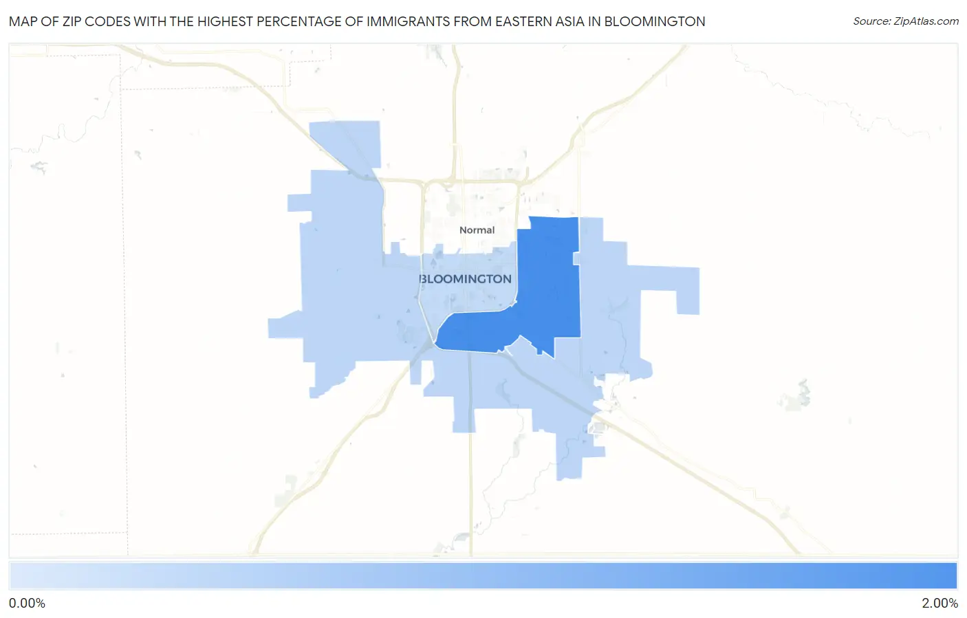 Zip Codes with the Highest Percentage of Immigrants from Eastern Asia in Bloomington Map