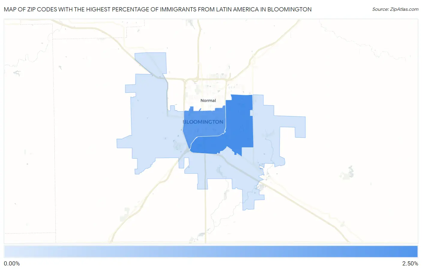 Zip Codes with the Highest Percentage of Immigrants from Latin America in Bloomington Map