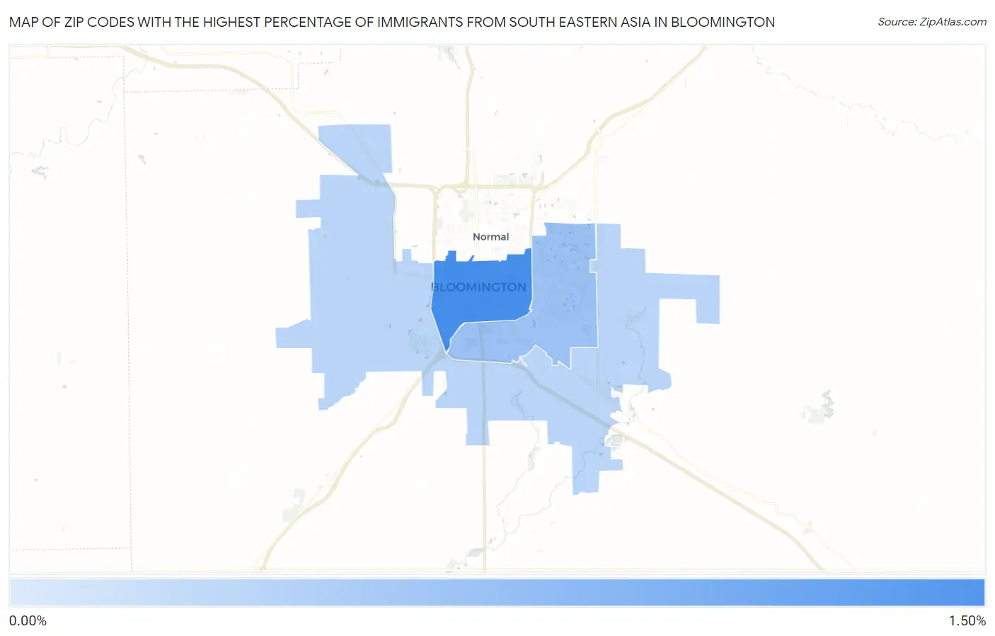 Zip Codes with the Highest Percentage of Immigrants from South Eastern Asia in Bloomington Map