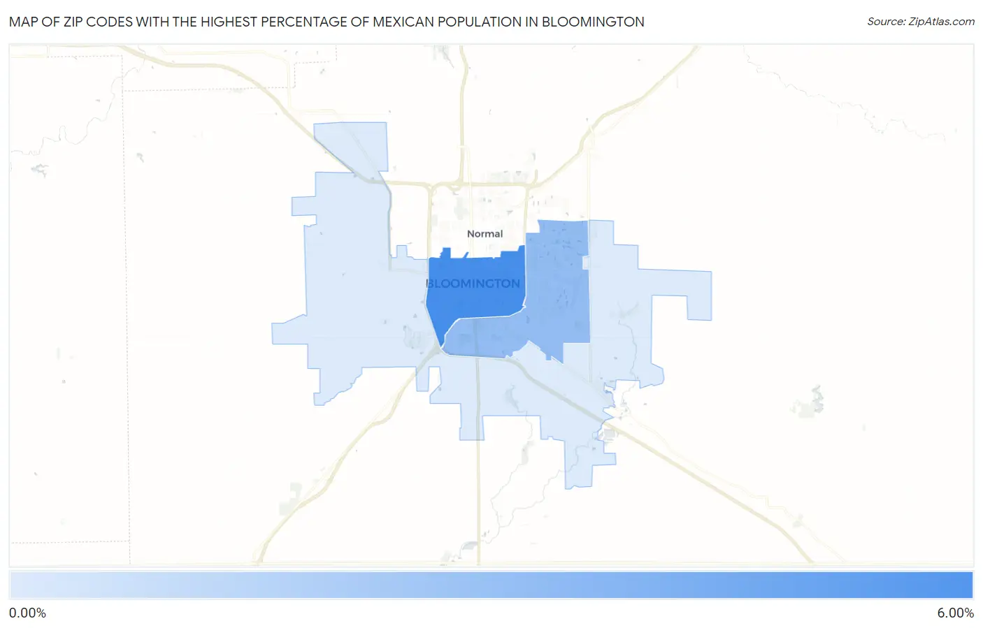 Zip Codes with the Highest Percentage of Mexican Population in Bloomington Map
