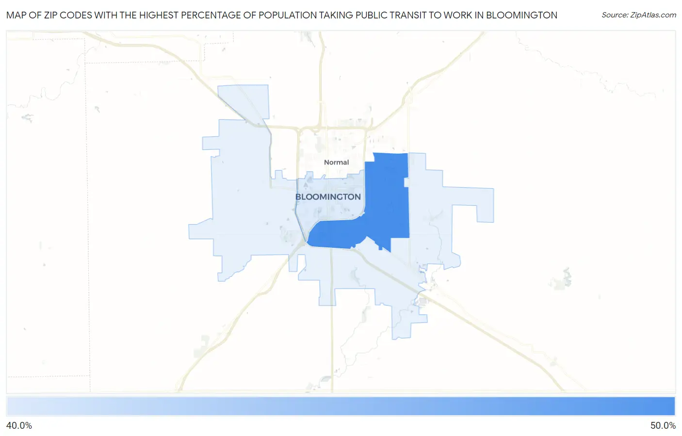 Zip Codes with the Highest Percentage of Population Taking Public Transit to Work in Bloomington Map