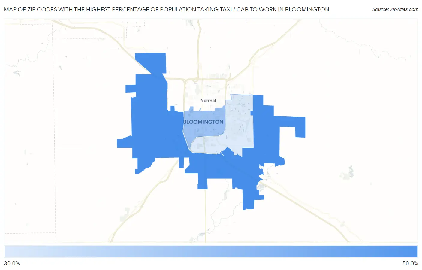 Zip Codes with the Highest Percentage of Population Taking Taxi / Cab to Work in Bloomington Map