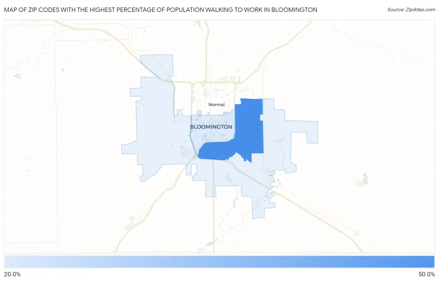 Zip Codes with the Highest Percentage of Population Walking to Work in Bloomington Map