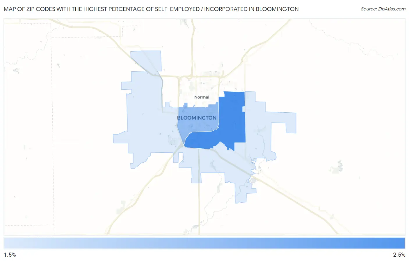 Zip Codes with the Highest Percentage of Self-Employed / Incorporated in Bloomington Map