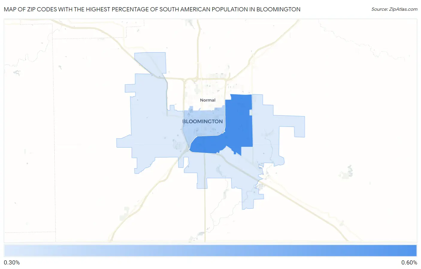 Zip Codes with the Highest Percentage of South American Population in Bloomington Map