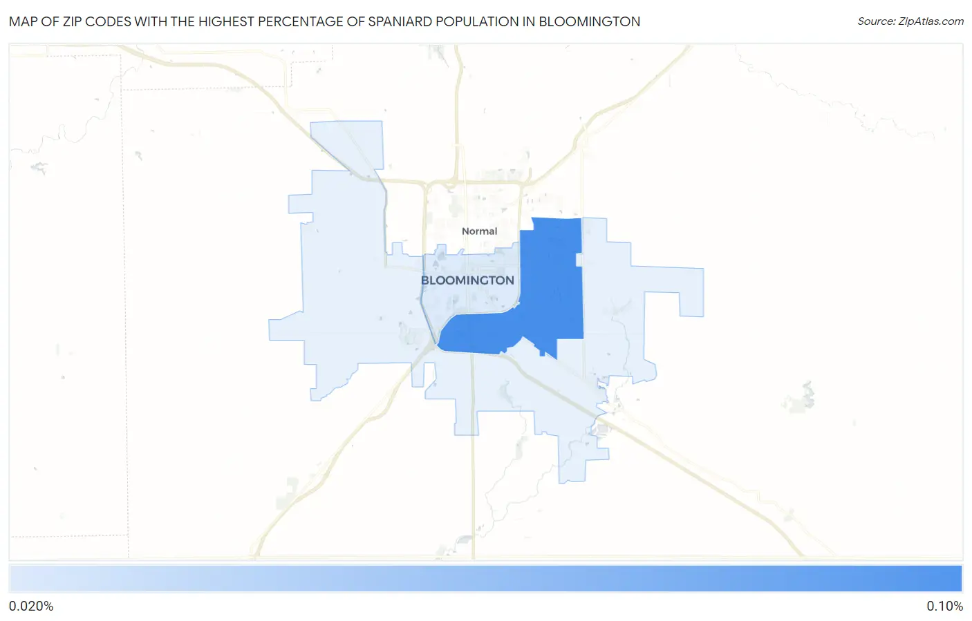 Zip Codes with the Highest Percentage of Spaniard Population in Bloomington Map