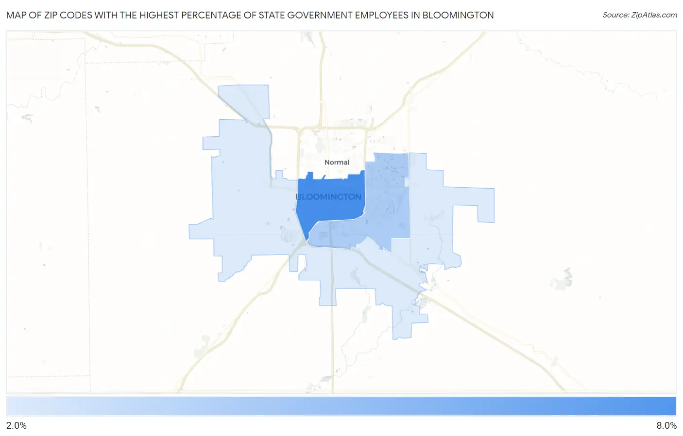 Zip Codes with the Highest Percentage of State Government Employees in Bloomington Map