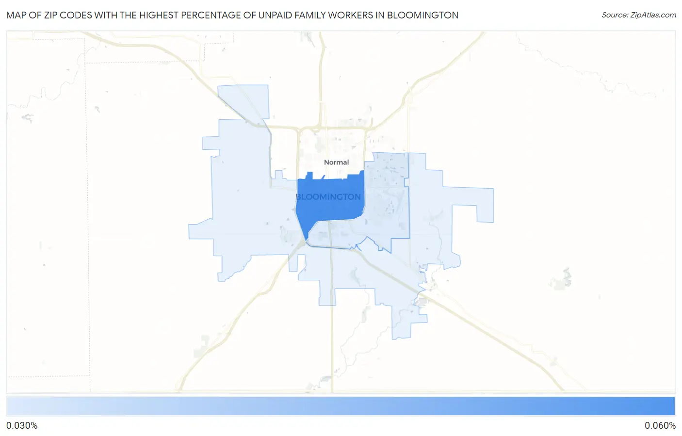Zip Codes with the Highest Percentage of Unpaid Family Workers in Bloomington Map