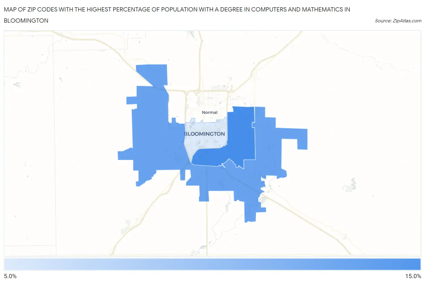 Zip Codes with the Highest Percentage of Population with a Degree in Computers and Mathematics in Bloomington Map