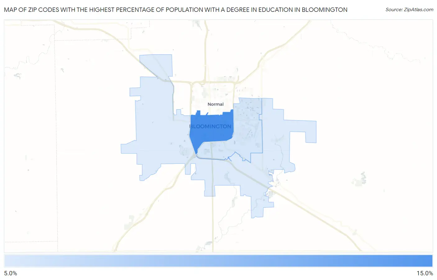 Zip Codes with the Highest Percentage of Population with a Degree in Education in Bloomington Map