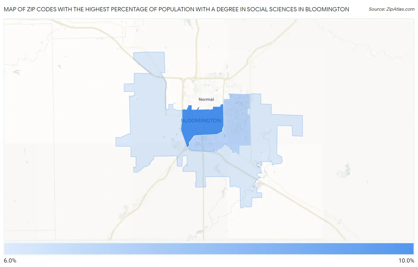 Zip Codes with the Highest Percentage of Population with a Degree in Social Sciences in Bloomington Map
