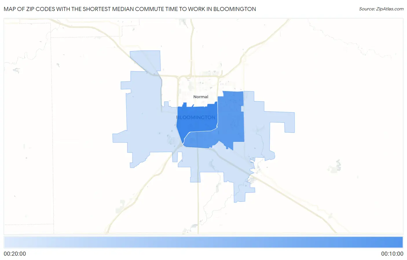 Zip Codes with the Shortest Median Commute Time to Work in Bloomington Map