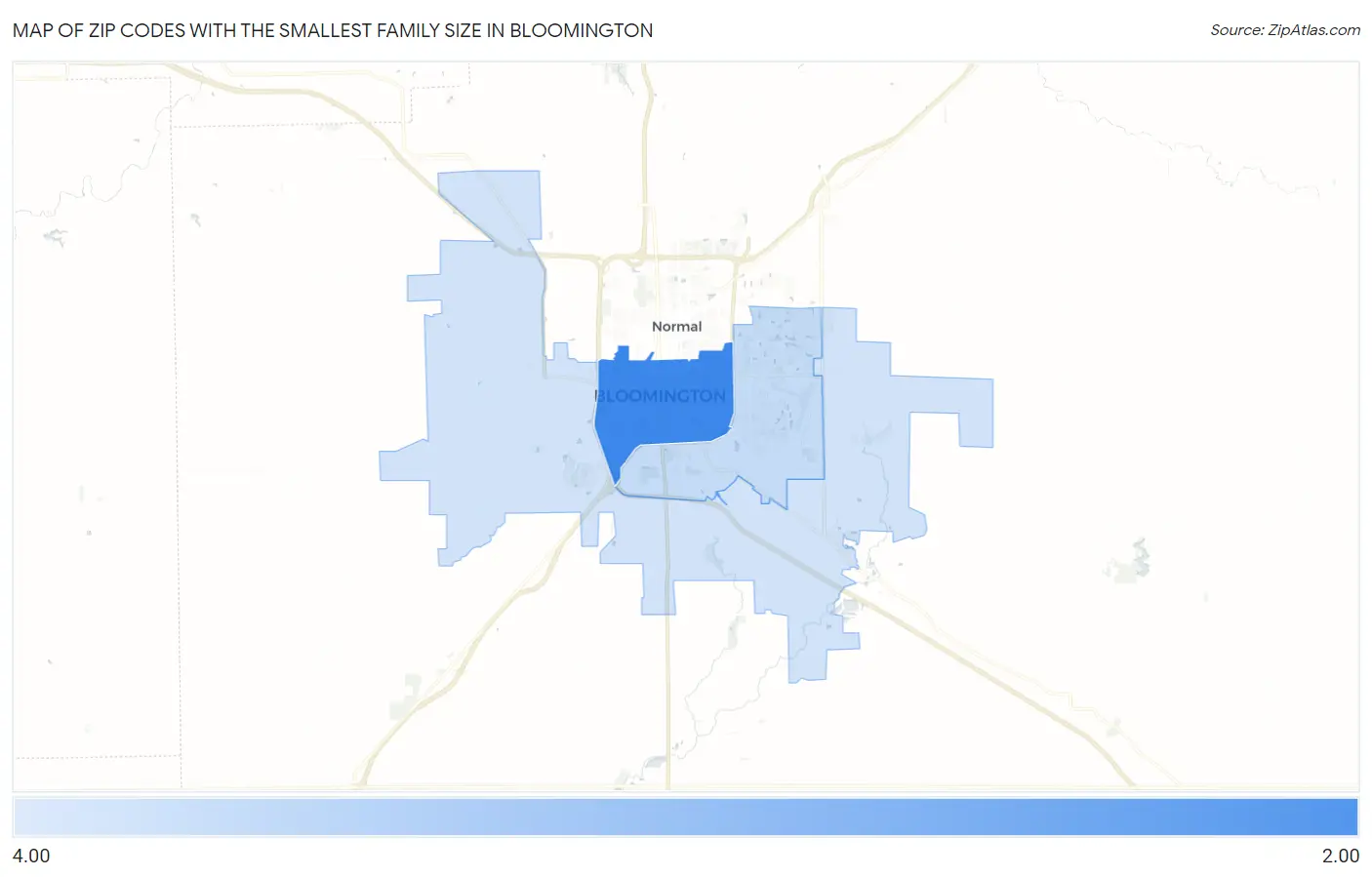 Zip Codes with the Smallest Family Size in Bloomington Map