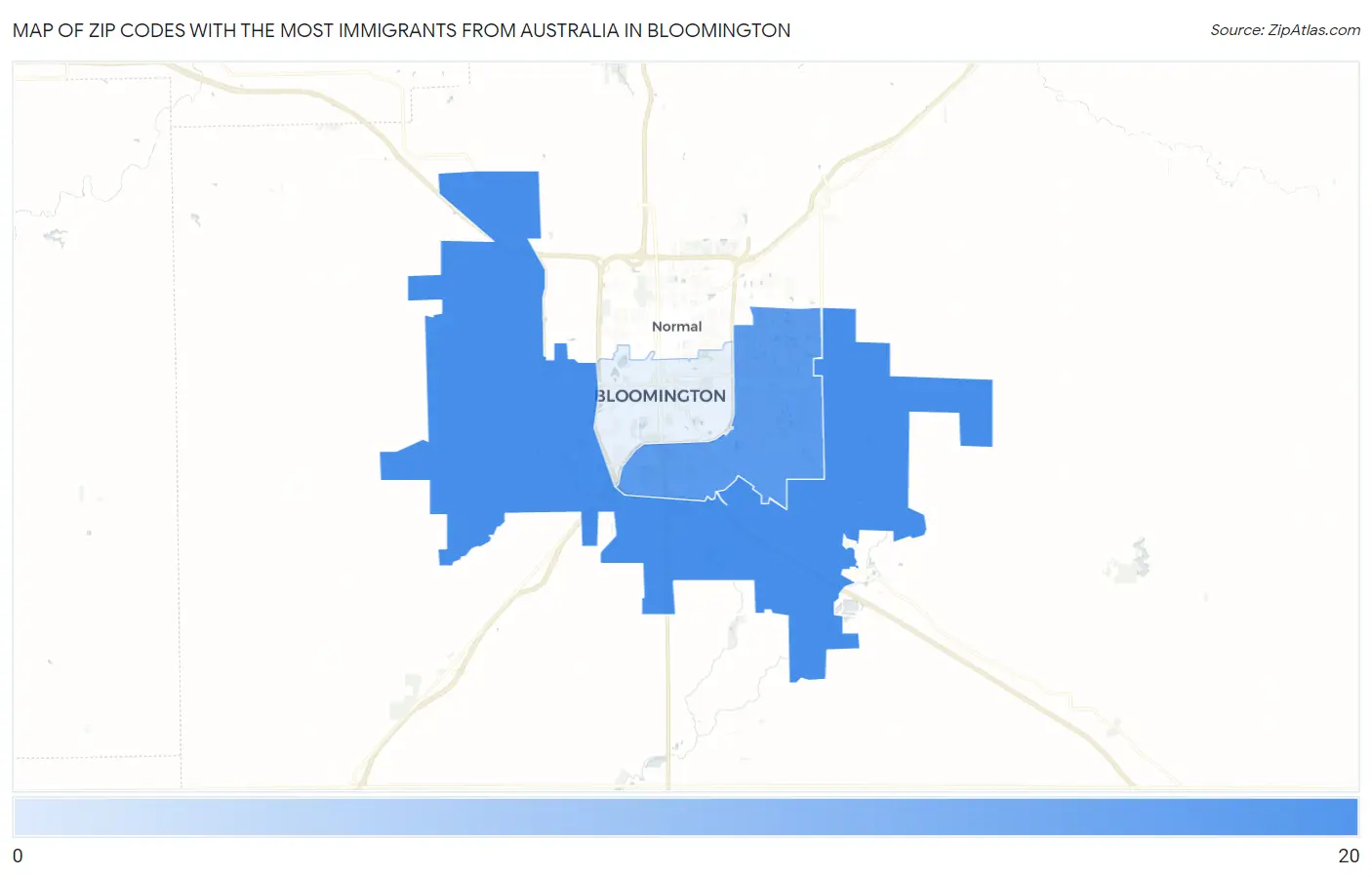 Zip Codes with the Most Immigrants from Australia in Bloomington Map